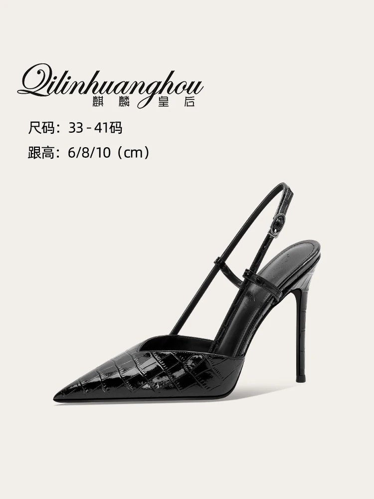 

Женские босоножки на высоком каблуке с острым носком и ремешком на одной пуговице, новый стиль 2025 года, сексуальный носок с каменным узором, черные туфли на тонком каблуке