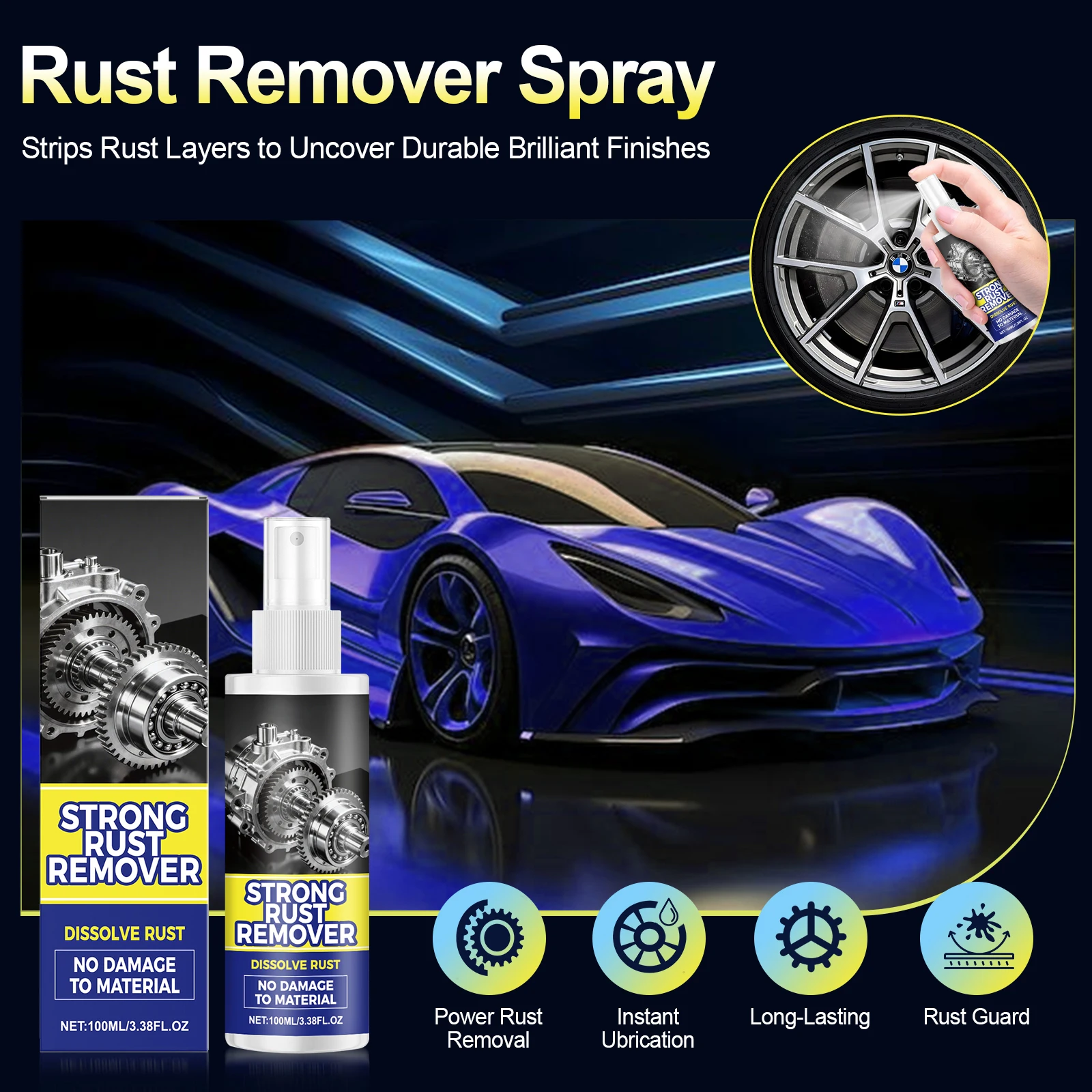 All-Purpose Rust Remover Spray Fast-Acting Iron Oxidation Eliminator Repair Iron Metal Shine Surfaces Car Wheel Hub Rust Remover