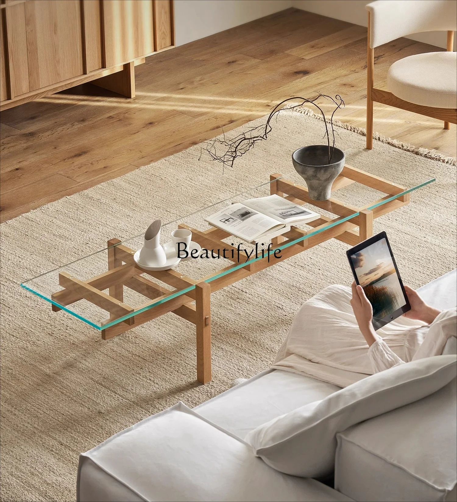 

ls 42Solid wood coffee table glass modern log wind living room simple tea table