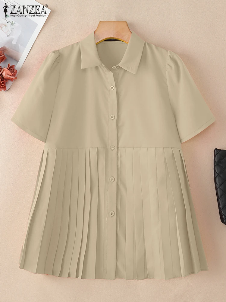 ZANZEA Summer Office Shirts Fashion Women Shirt Women Solid Pleated Blouse Female OL Work Blusas Lapel Neck Short Sleeve Tops