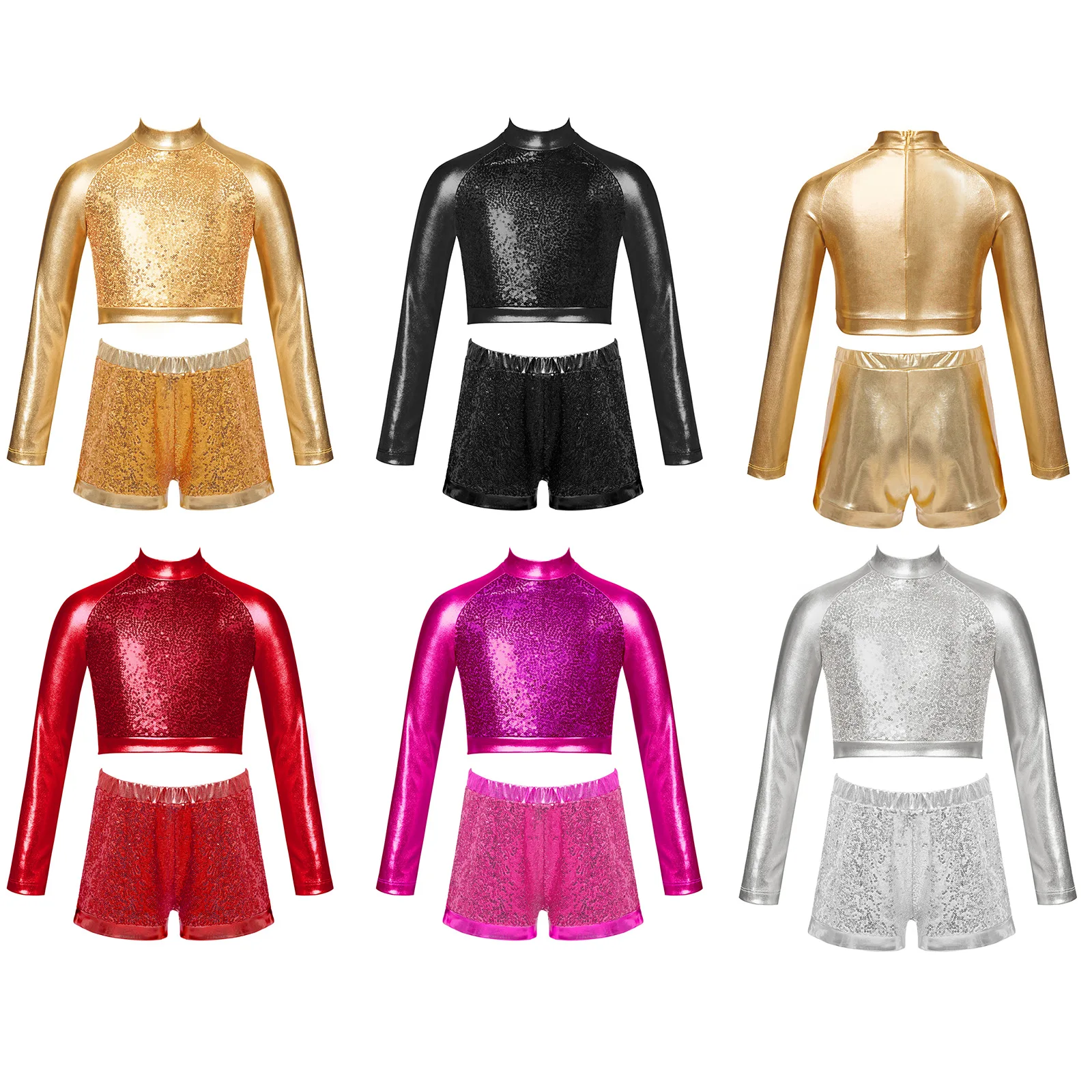 أطفال بنات الجاز ملابس الرقص قطعتين لامعة الترتر Dancewear طويلة الأكمام المحاصيل الأعلى + مجموعة تي شيرتات قصيرة للأطفال أداء ملابس تنكرية للحفلات