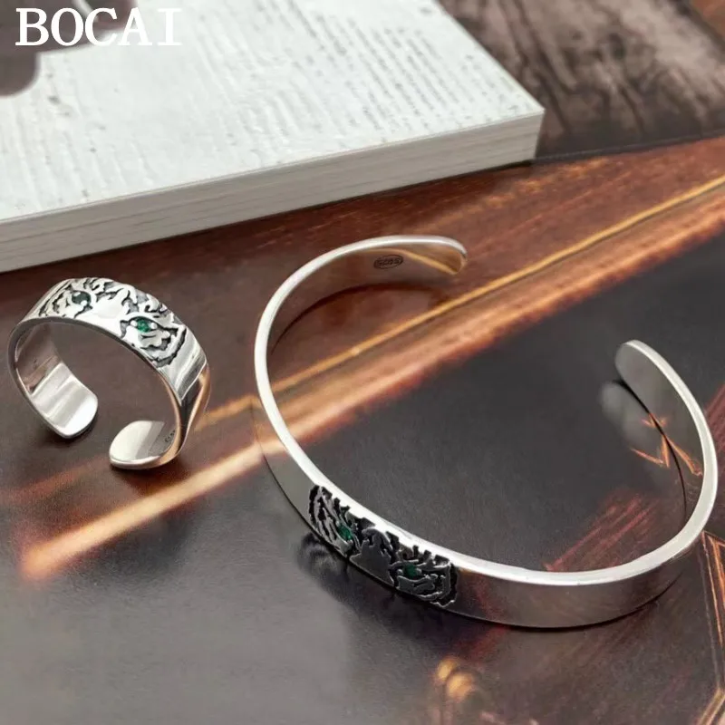 

BOCAI NEW S925 Silver Jewelry Trendy Personality Domineering Tiger Head Simple Open Man Ring and Bracelet