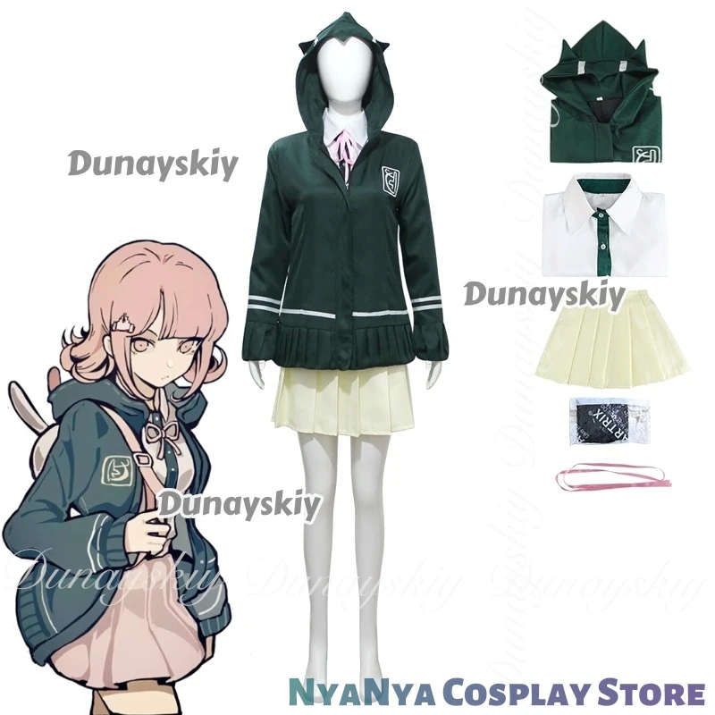 Danganronpa II: Trigger Happy Havoc Anime Nanami ChiaKi Cosplay com peruca curta com saia jaqueta verde Cosplay ktaTerno completo