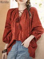 ZANZEA Bohemian Lace Trim Blouses 3/4 Sleeve Holiday Casual Loose V Neck Lace-up Blusas Hollow Out Embroidery Women Tunic Tops