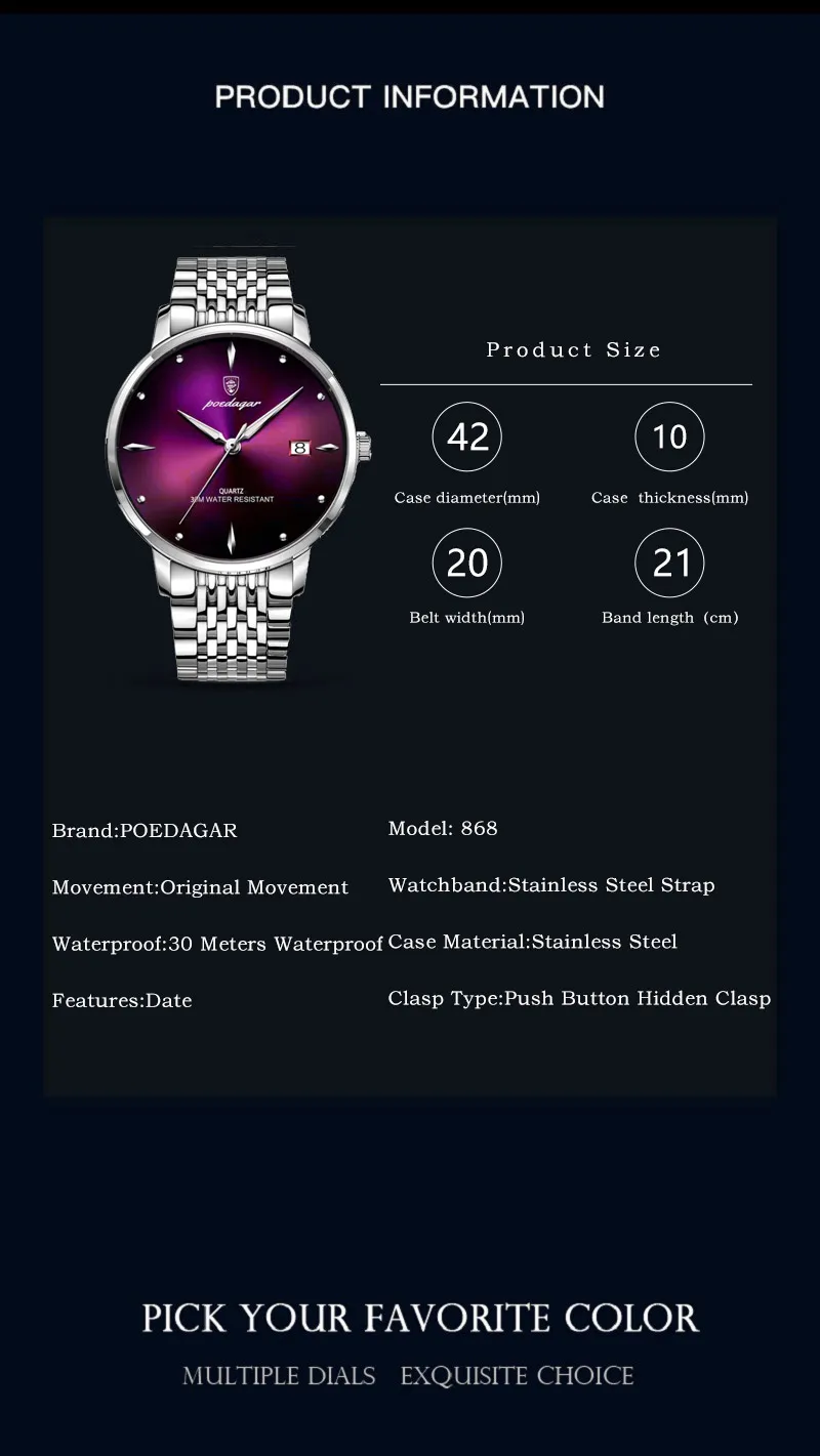 POEDAGAR Luxus Sport Männer Uhr Wasserdicht Leucht Edelstahl Datum Armbanduhr Für Mann Quarzuhr Business herren Uhren – Detail 8