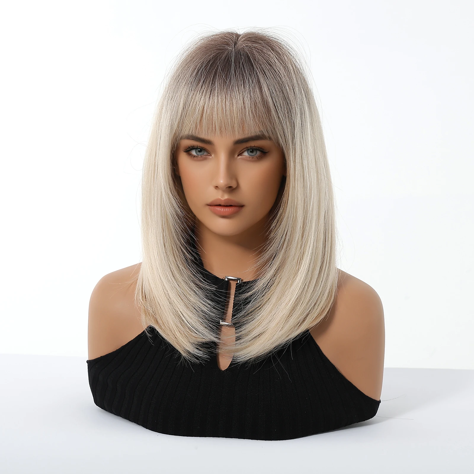 Blonde Brown Ombre Long Straight Synthetic Wig with Bangs