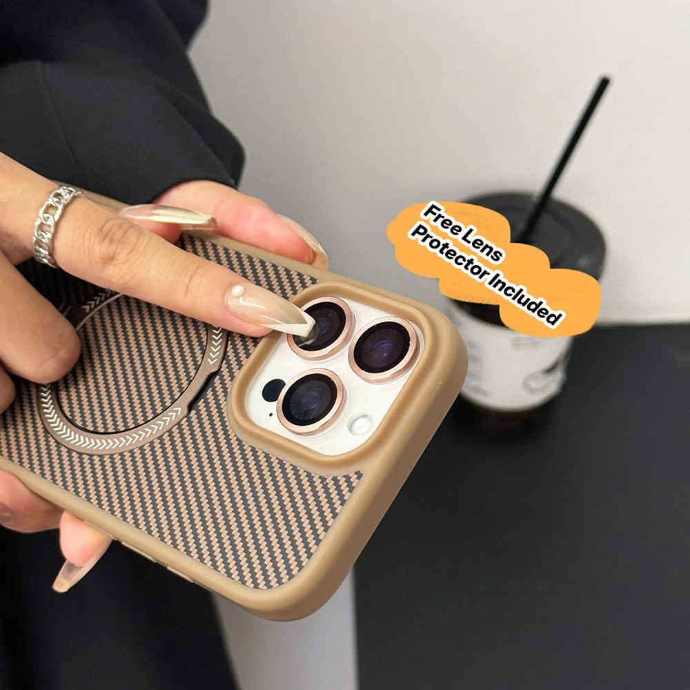 Carbon Fiber Texture For Magsafe Magnetic Bracket Phone Case For iPhone 17 11 12 13 14 15 16 Pro Max Glass Lens Protector Cover view 3