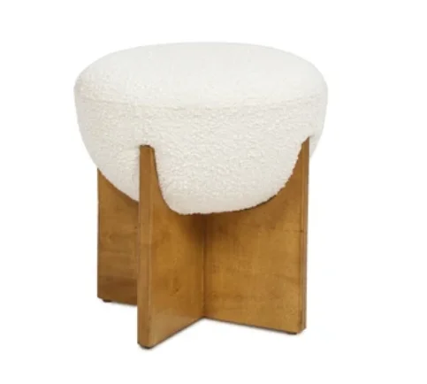 

Bali 18.5" Round Upholstered Ottoman with Natural Wood Base, Ivory White Bouclé