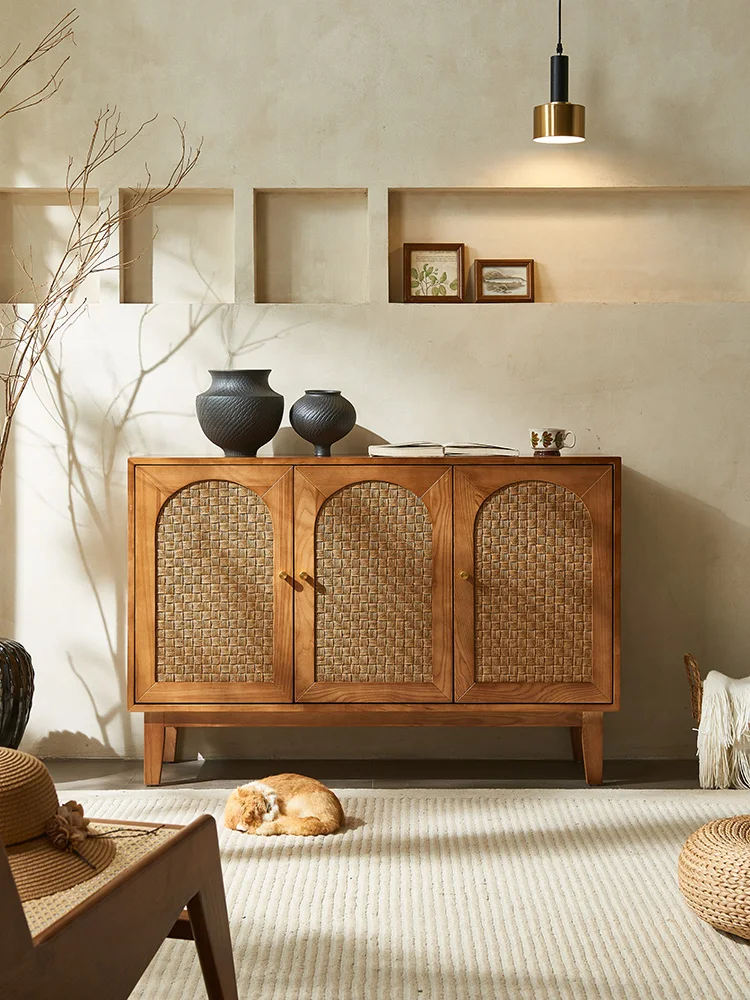 

Nordic Solid Wood Rattan Sideboard Cabinet Living Room Tea Cabinet Simple Modern Foyer Doorway Storage Cabinet