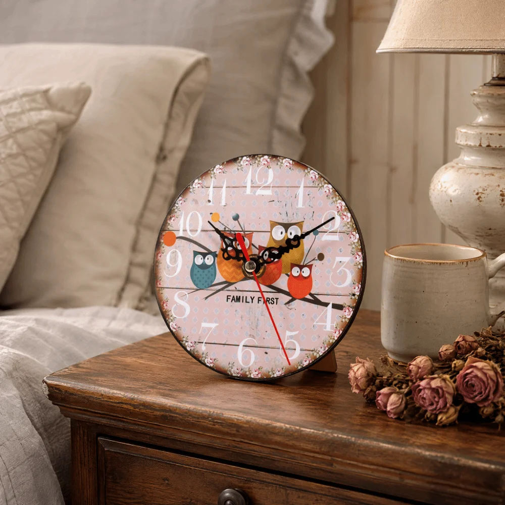 Wooden Wooden Wall Clock 4.72in Dual Use Round Wall Clock Cartoon Owl Pattern Oil Painting Design Owl Pattern Clock Wall Mount