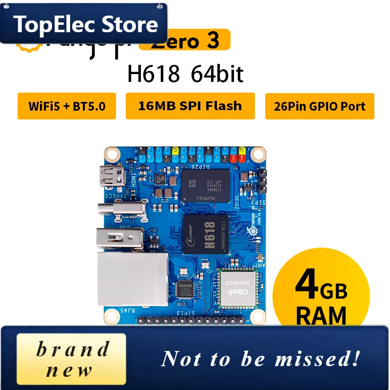 TopElec Orange Pi Zero3 4GB LPDDR4 RAM Development Board Allwinner H618 Quad Core WiFi+BT5.0 Single Board Computer Gigabit LAN U