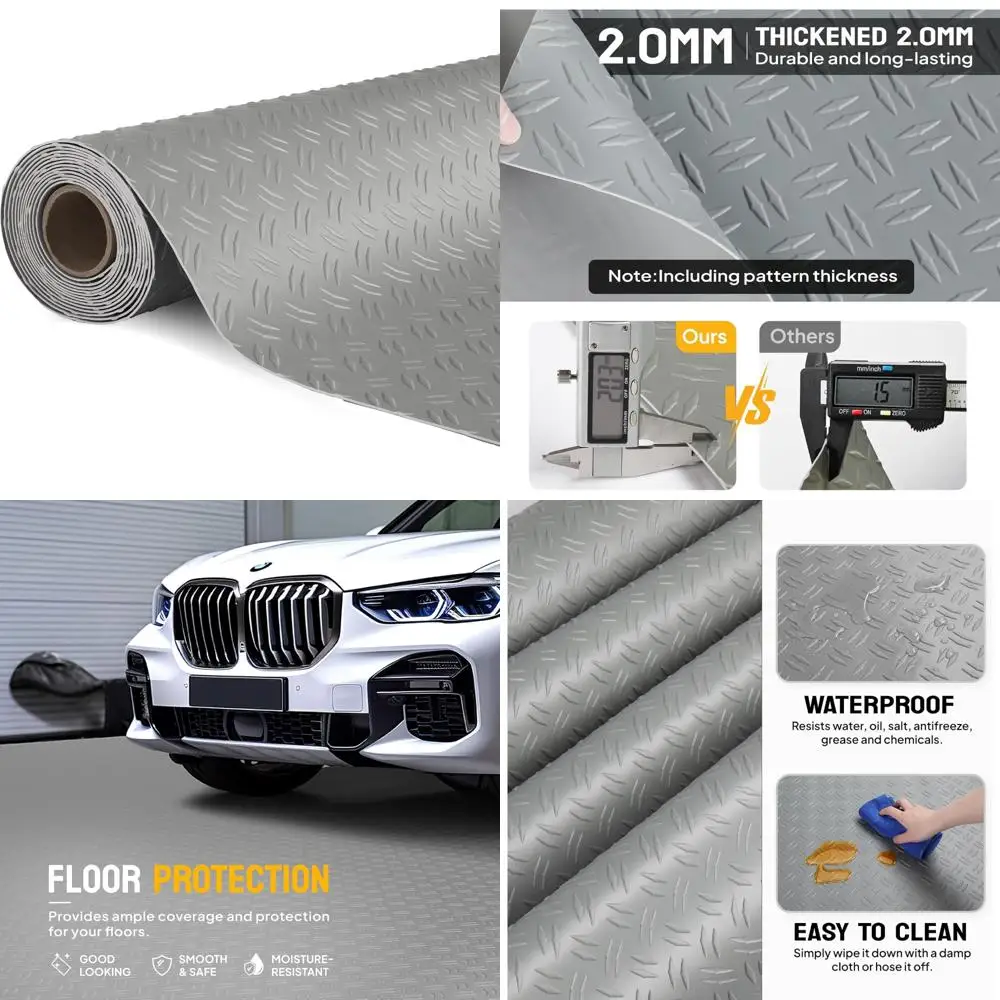 حصيرة أرضية جراج PVC ذات لوحة ماسية سميكة - لفة 7.5 × 20 قدم لوقوف السيارات وحماية تحت المركبات