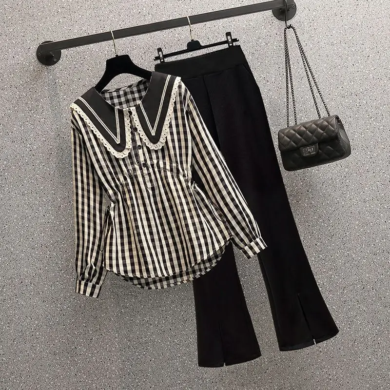 Spring and Autumn Women's 2023 New Korean Version Waist Reduction Doll Collar Shirt Wide Leg Pants Two-piece Set