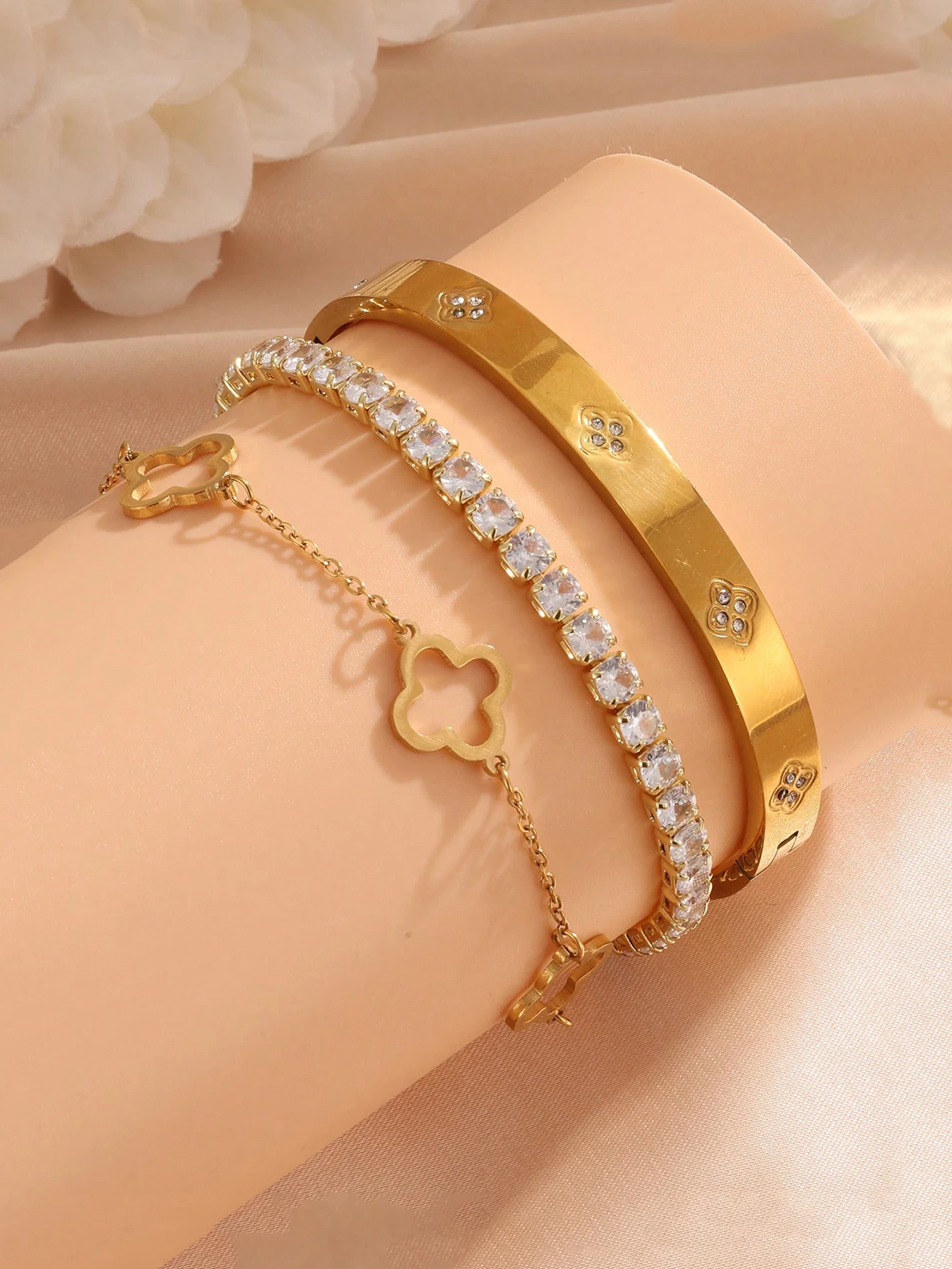 3 Stainless Steel Stacking Bracelets Clover + Clover with Zirconia + Zirconia Bracelet Birthday or Holiday Gift, Everyday Wear