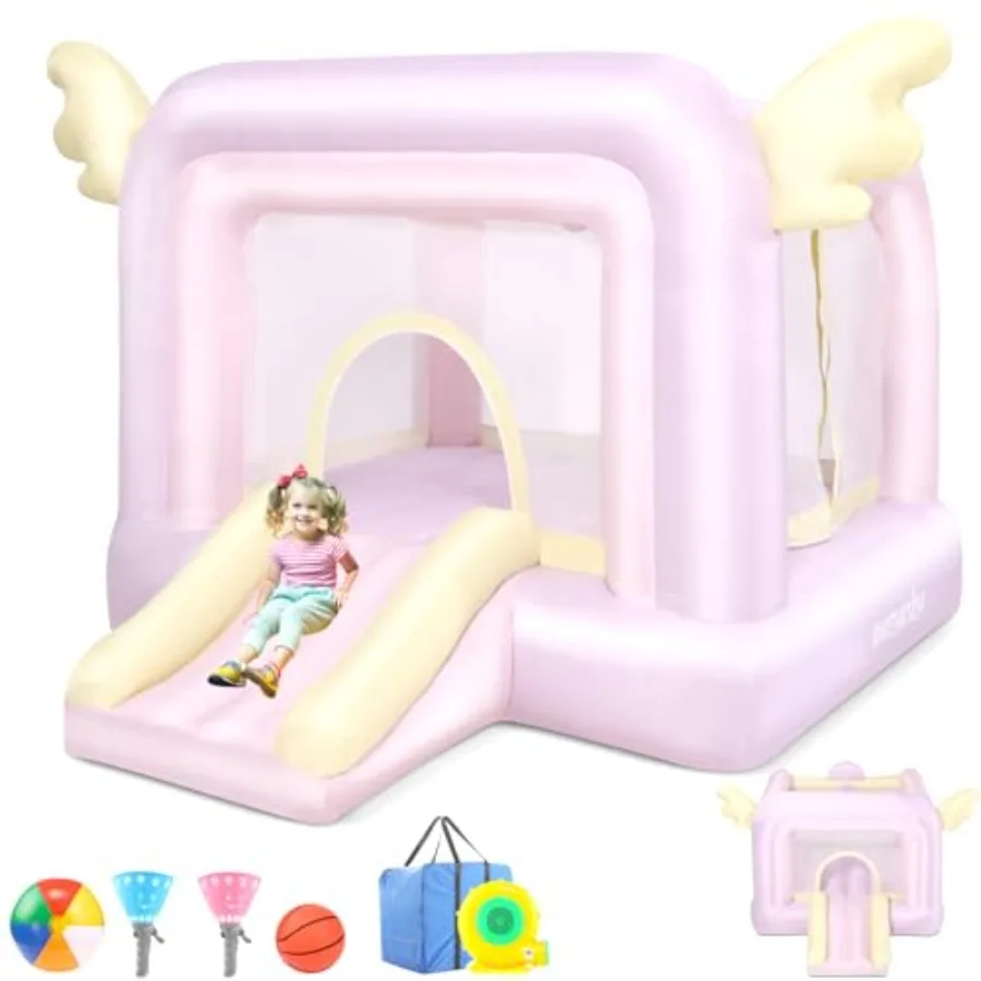 

Pink bounce house for indoor/outdoor use PVC material pink color includes slide and blower for quick inflation and safe play
