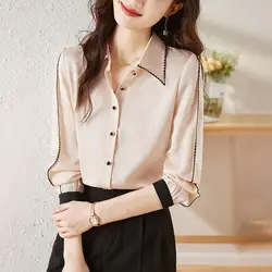 Women's Clothing Commute Solid Color Blouse 2024 Spring Autumn Single-breasted Stylish Lapel Korean Bright Line Decoration Shirt