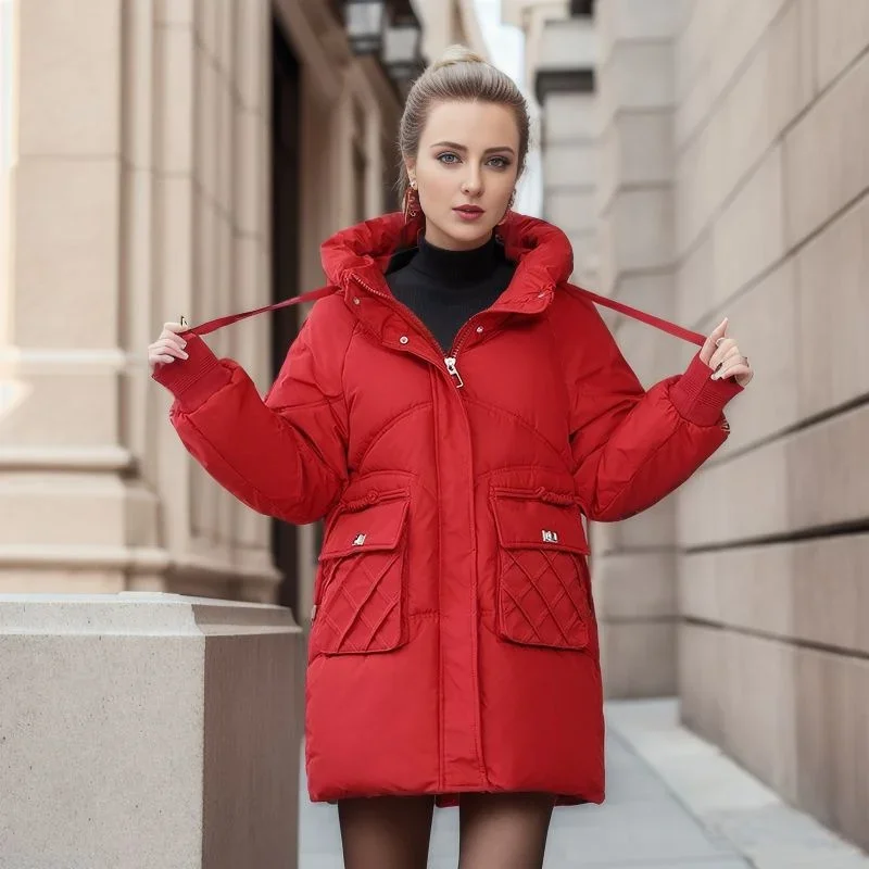 New 2024 Winter Loose Coat Down Cotton-padded Jacket Women Parkas Thicken Warm Hooded Coats Lady Big-pocket A-shape Overcoat