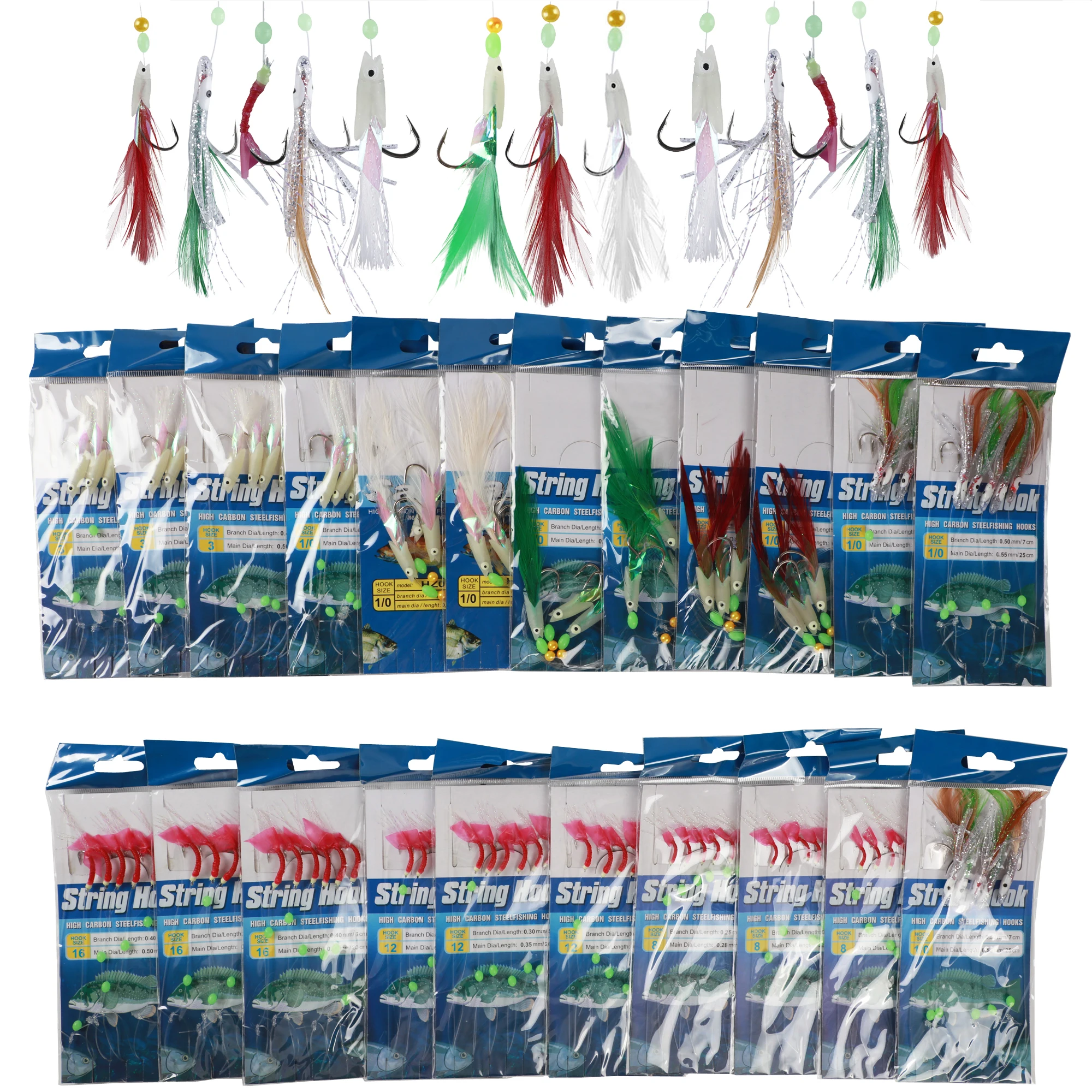 

22pcs Fishing Rig Baits Set,Fish Skin String Hooks,Nylon Line Rigs with Swivel,Beads Feather Hooks Baits Luminous Shrimp Lures