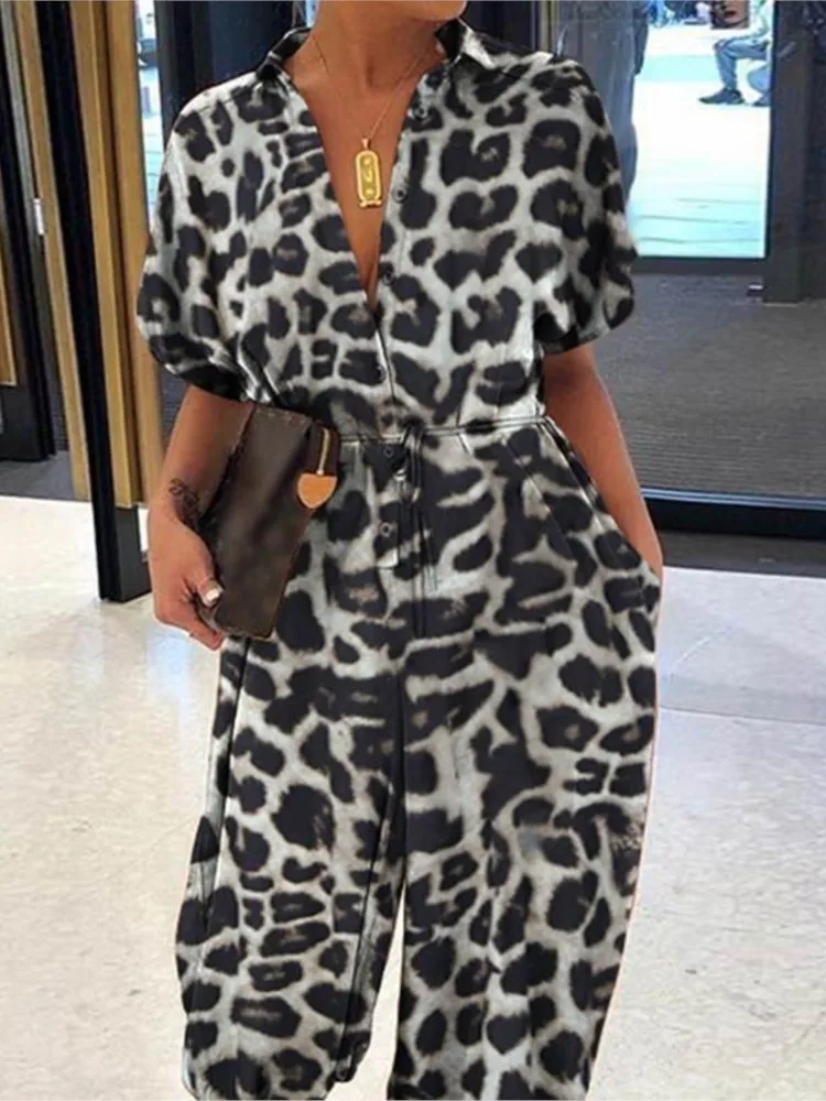 Macacão com estampa leopardo feminino, macacão casual feminino, manga curta, bolso com renda, moda vintage, novo, verão, 2024