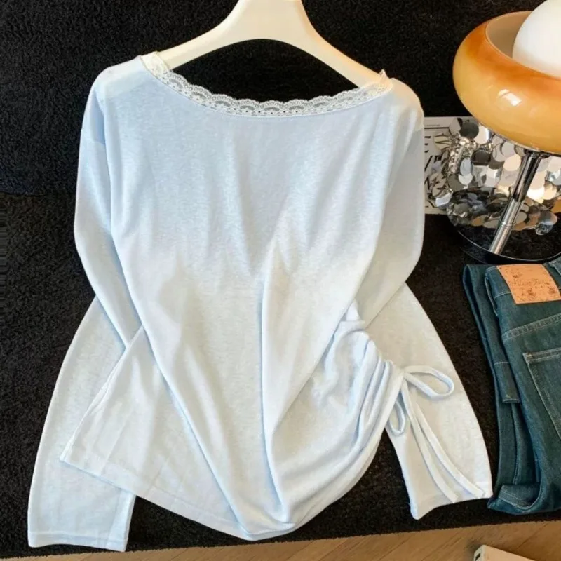 Kimotimo Cute Cartoon Printed Drawstring Long Sleeve T-shirts Women Summer Thin Loose Spliced Lace Tops Simple Casual Y2k Tees