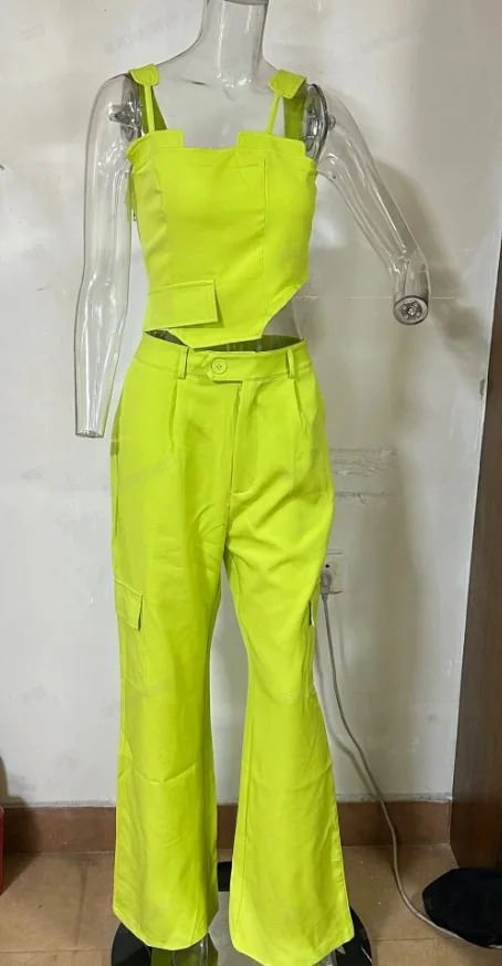 Women Two Piece Set Camisole Sleeveless Splice Crop Top Solid Regular Straight Pants Suit High Waist Casual Spring 2024