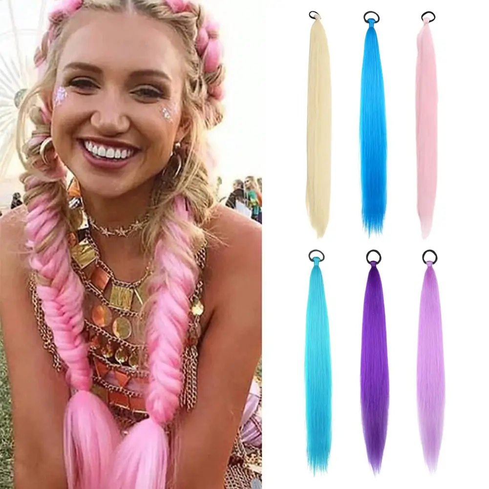 Queue de cheval droite synthétique avec attache élastique pour cheveux, Extensions capillaires tressées colorées, accessoires pour cheveux pour femmes