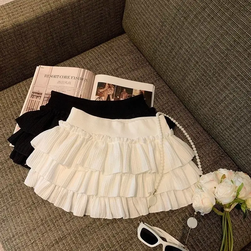 Deeptown Sweet Kawaii Cake Skirts Women Elegant Korean Fashion Ruffle Mini Skirt Harajuku Casual High Waist Solid Layered Skirt
