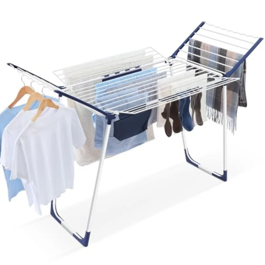 

Foldable Clothes Drying Rack with Sock Clips for Hanging Towels Clothes Dress Bedding Indoor Outdoor White Large Space Winged L