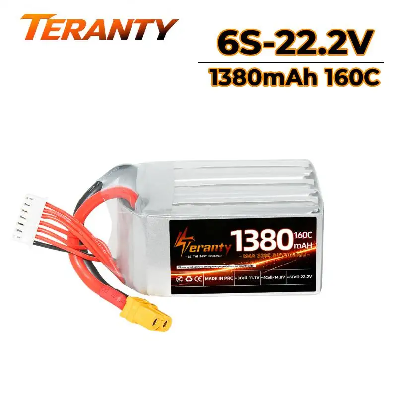Teranty 6S 1380mAh 160C 22.2V LiPo Battery XT60 Connector,High Power Battery for FPV Freestyle Quadcopter Racing Drone