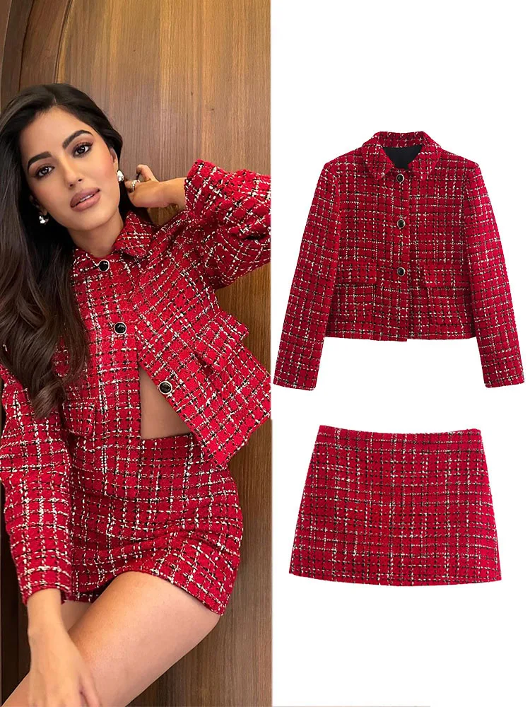 HH Women\'s 2-piece Retro Red Single-breasted Pocket Jacket, Small Fragrant Jacket+High-waisted Zippered Culottes Street Wear