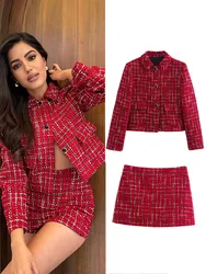 HH Women's 2-piece Retro Red Single-breasted Pocket Jacket, Small Fragrant Jacket+High-waisted Zippered Culottes Street Wear