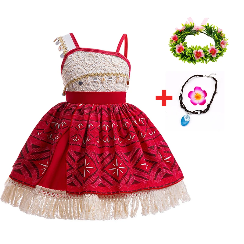 Little Girls Cosplay Moana Halter Sundress Baby Kids Vaian Sisters Ocean Beach Hawaii Style Princess Frock With Necklace Pig Set image 2