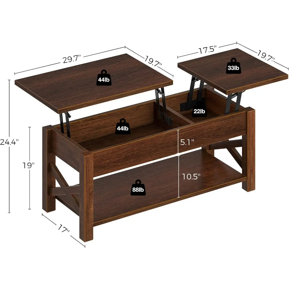 Tavolino da caffè da 47,2" con scomparto nascosto, ripiano aperto e supporto in legno, tavoli centrali da fattoria. Tavolino da caffè sollevabile a 2 vie