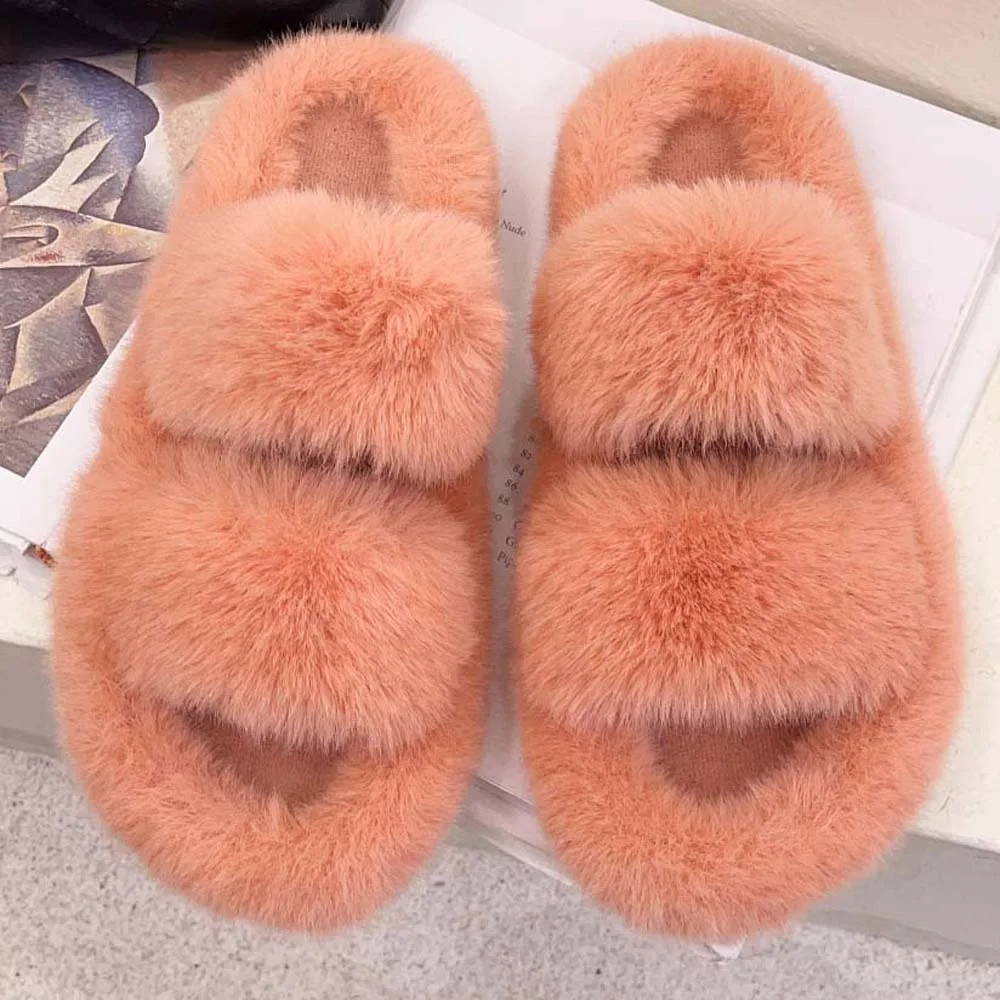 

Soft Winter Open Toe Slippers Double-bar Thickened Plush Cotton Slippers Anti-slip Furry Warmer Home Cotton Shoes Bedroom