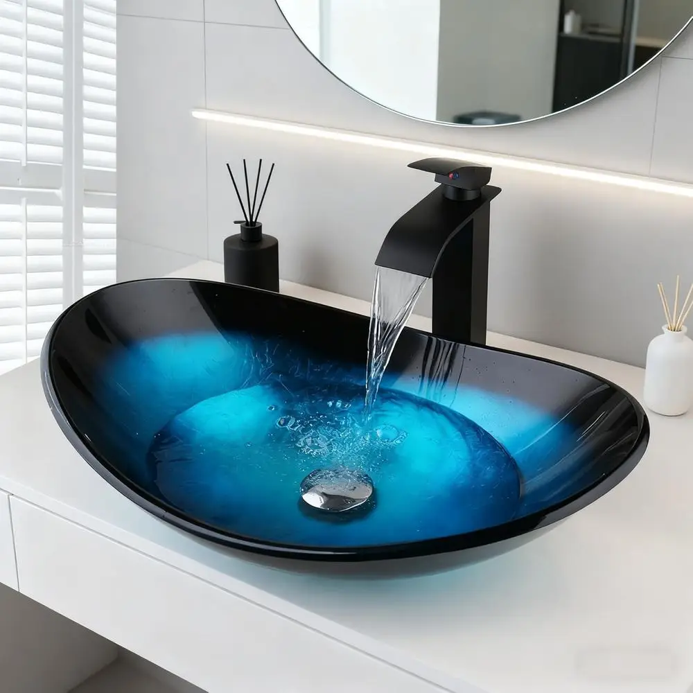 

Oval Glass Bathroom Sink with Waterfall Faucet and Pop-Up Drain, Artistic Tempered Glass Vessel Sink Bowl