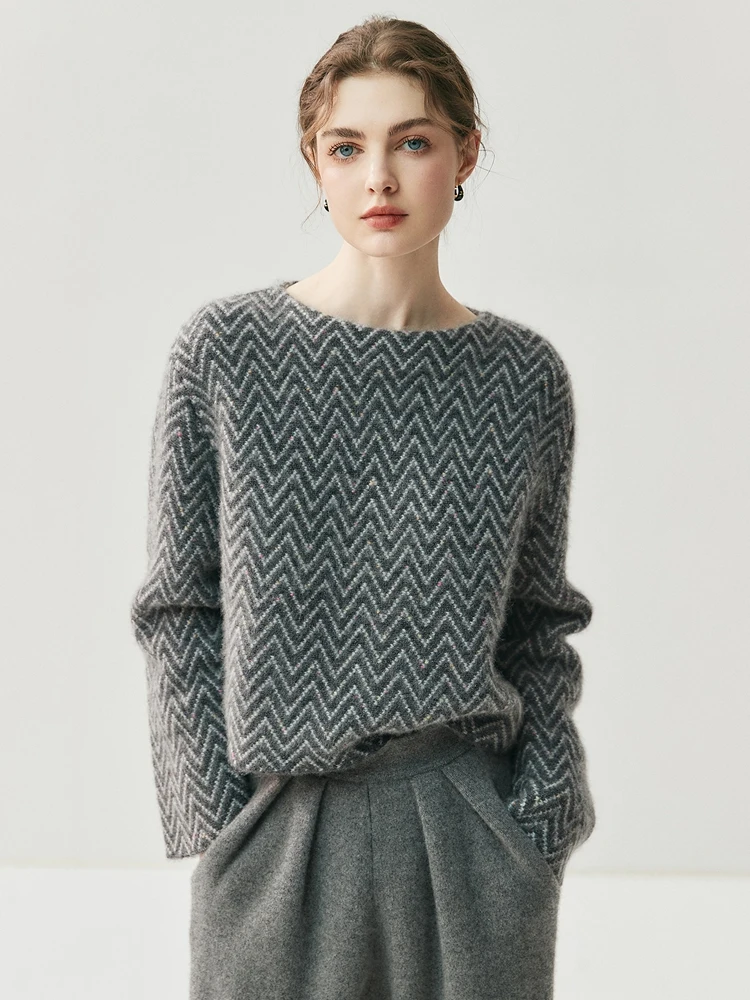 

100% Cashmere Sweater Thicken Women's Slash Neck W Pattern Color Blocking Pullover Autumn Winter Loose Knitted New Trend Clothes