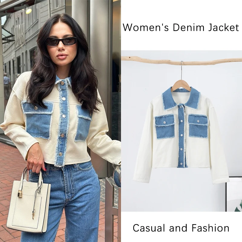 

Women 's Jackets Lapel Denim Patchwork Fringes Big Pockets Single Breasted Long Sleeve Coat Female 2025 Spring New Lady Outwears