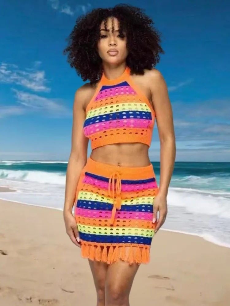 

Swimwear Cover-up 2 Piece Set Women Sleeveless Tops And Skirt Bathing Suit Fashion Solid Hollow Sexy Beach Cover Up Outfits