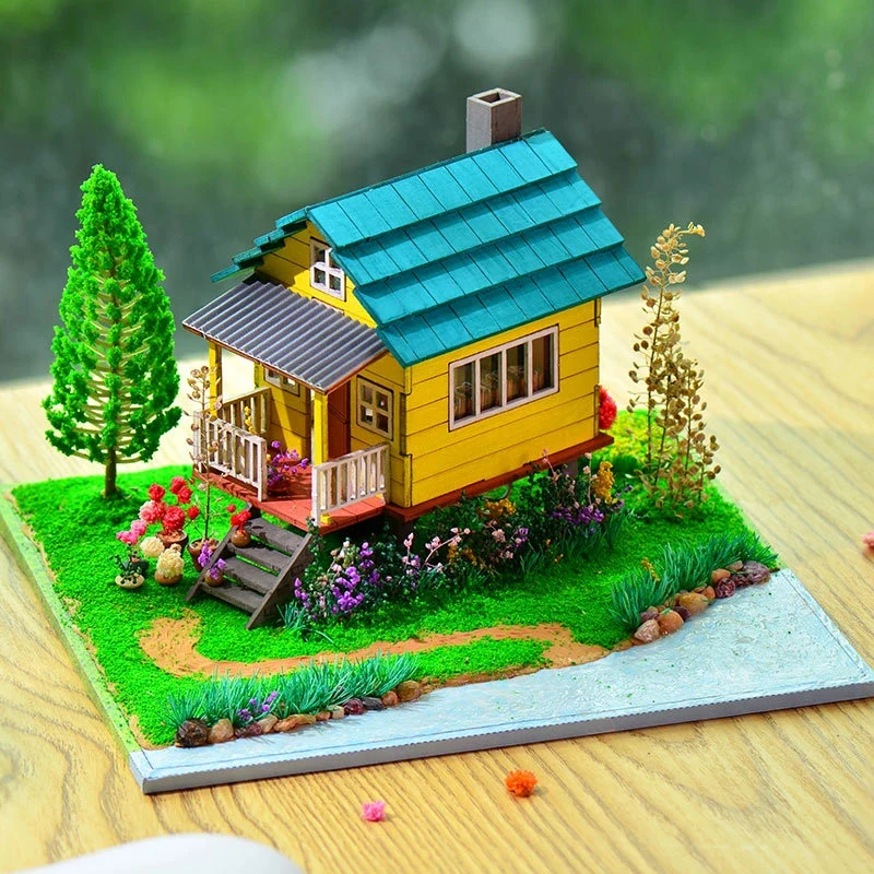 

OUZEY Wooden Miniature Barlow's Garden Casa Dollhouse DIY Building Kit with Furniture LED Light Adult Craft Gift Doll House