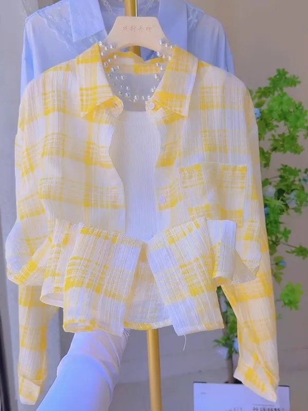 

Korean Sle Women's Plaid Sun Protection irt Thin Breathable Two-Piece Set Collar Long Sve Loose Fit Summer 2025