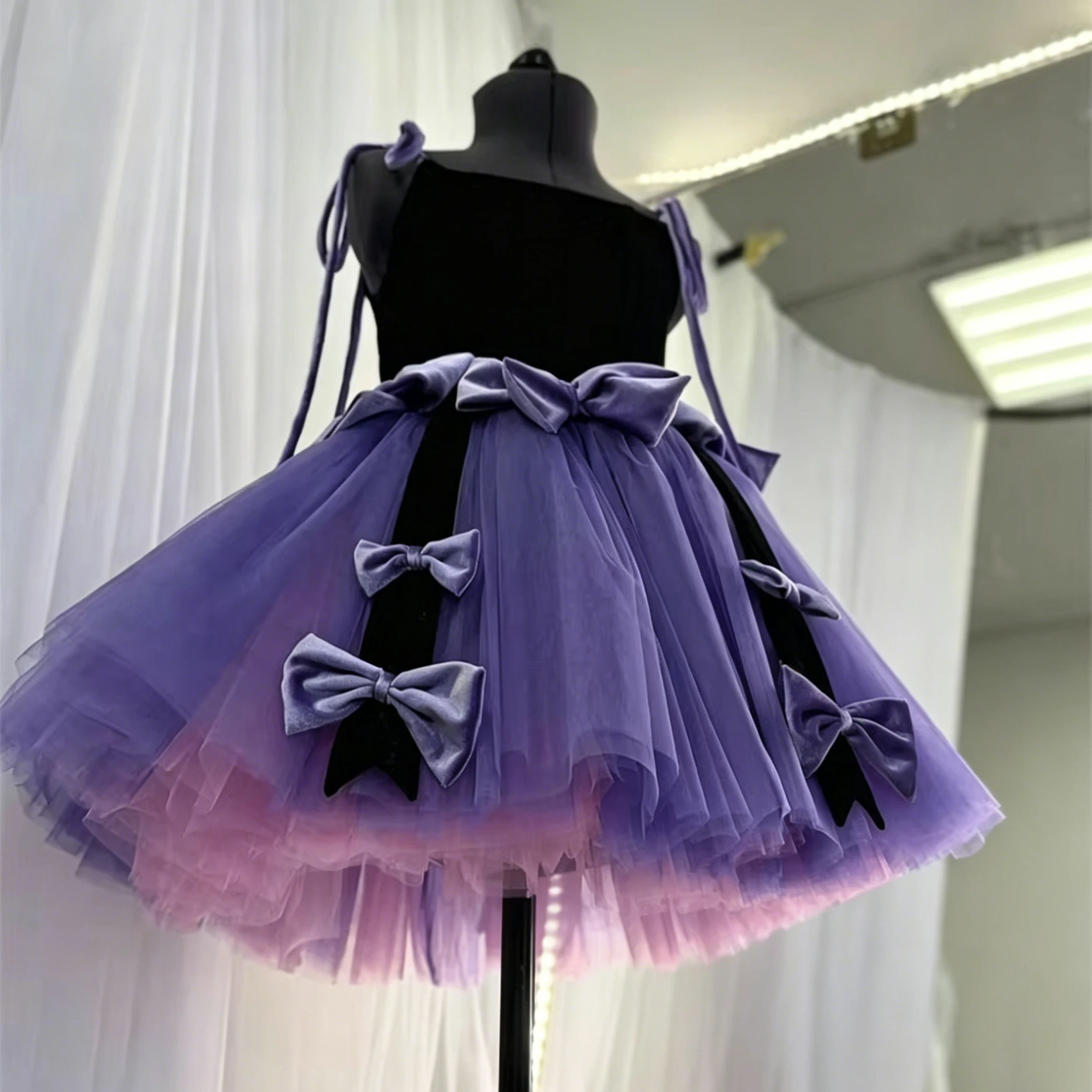 

Customized Purple Flower Girl Dress For Wedding Bow Sleeveless High Waist Knee Length Kids Birthday First Communion Gown
