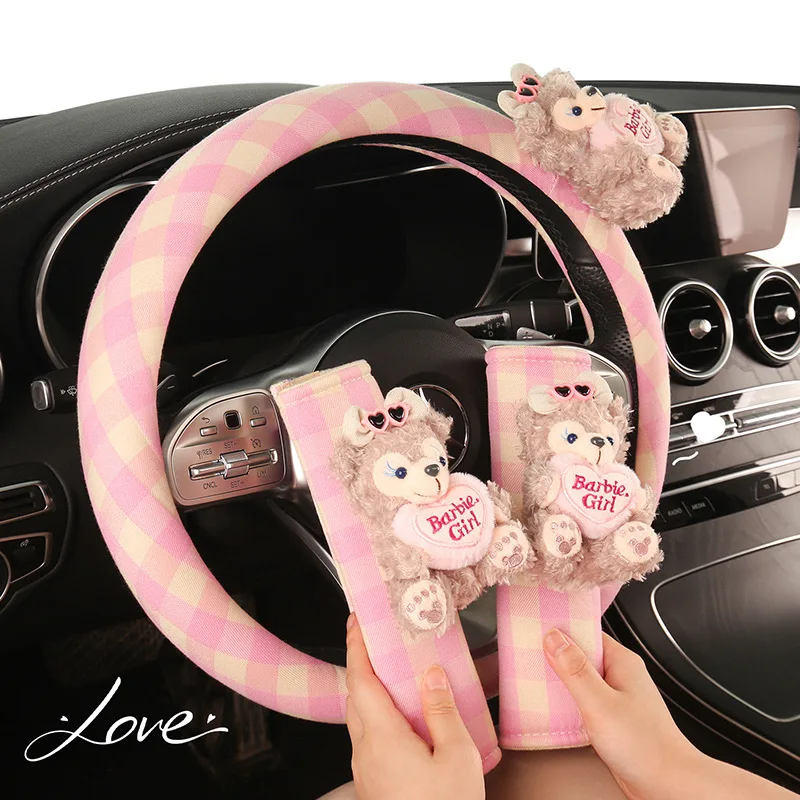 ShellieMay Duffy Car Headrest Steering Wheel & Seat Belt Shoulder Cover Cute Red Blue Checkered Bow Neck Protection Pillow