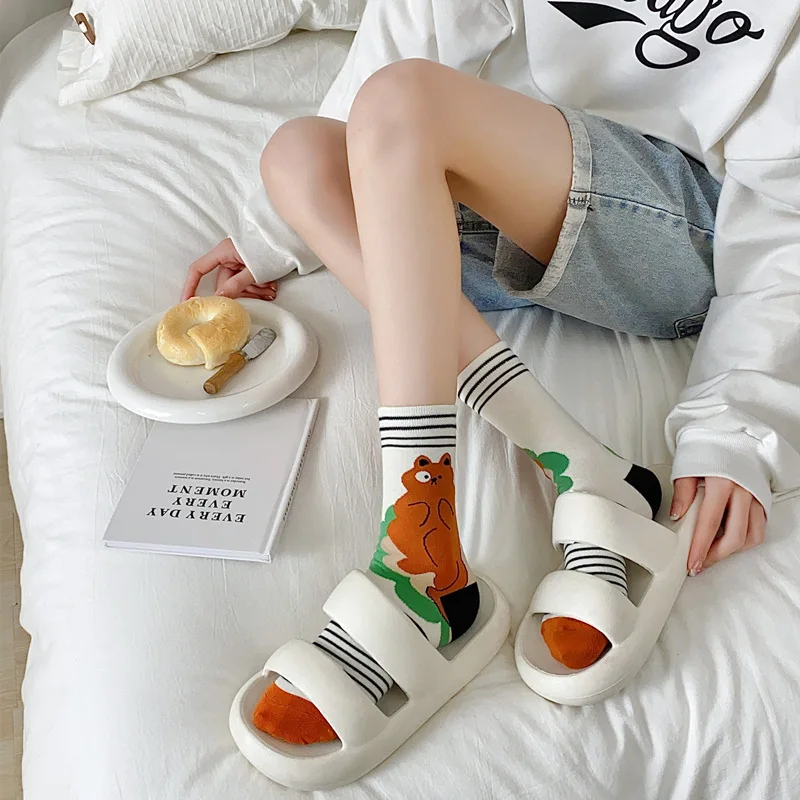 Women Socks Mid-tube Female Graffiti Illustration Stripe Cute Kawaii Harajuku Cartoon Cat Bear Animal Breathable Cotton Socks