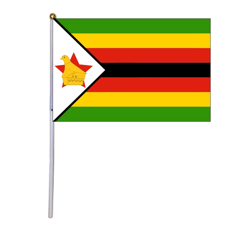 

Free Shipping New 100pcs 14 * 21cm National Flag Zimbabwe Hand Flags with Plastic Flagpole Polyester Printing Flag