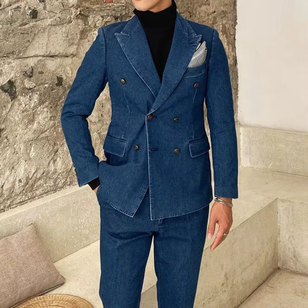 

Youthful Vitality Denim Men Suits 2 Piece High Quality Double Breasted Peak Lapel Outfits Fashion Casual Daily Office Male Suit