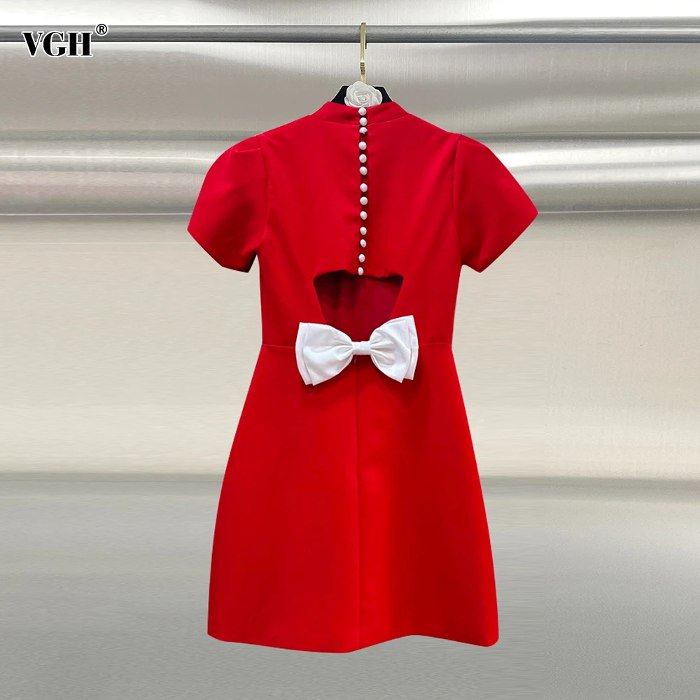 

VGH Red Elegant Spliced Bowknot Cutout Dress for Women Stand Collar Short Sleeve High Waist Banquet Dresses with Buttons Female