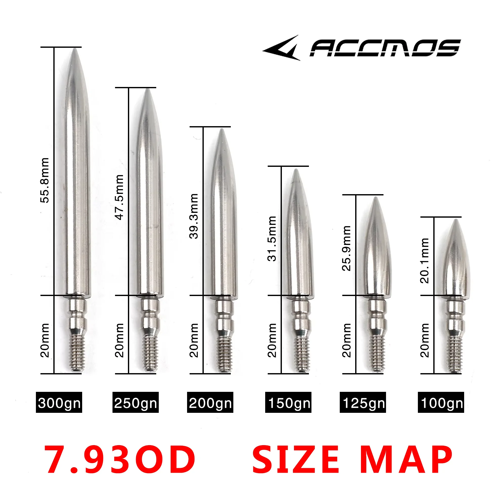 Description Picture 6 of item12PC Archery Stainless Steel Bullet Point Tip 100/125/150/200/250/300grain OD7.14/7.54/7.93mm Arrow Shaft Screw Thread Arrowhead