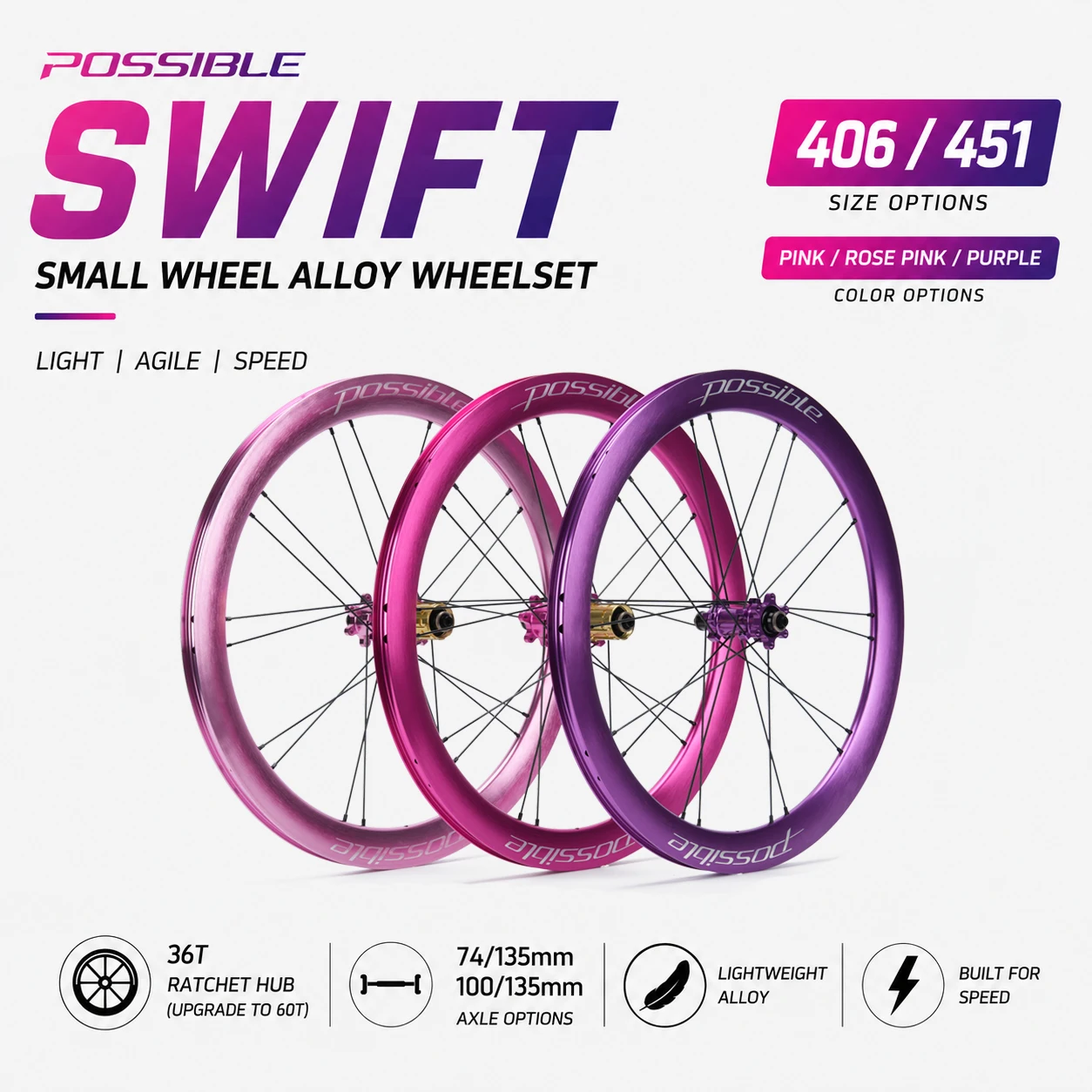 Possible Swift 406 451 Folding Bike Wheelset Aluminum Alloy 36T Ratchet Hub Upgrade 60T SAPIM Spokes HG XDR Freehub 1480g