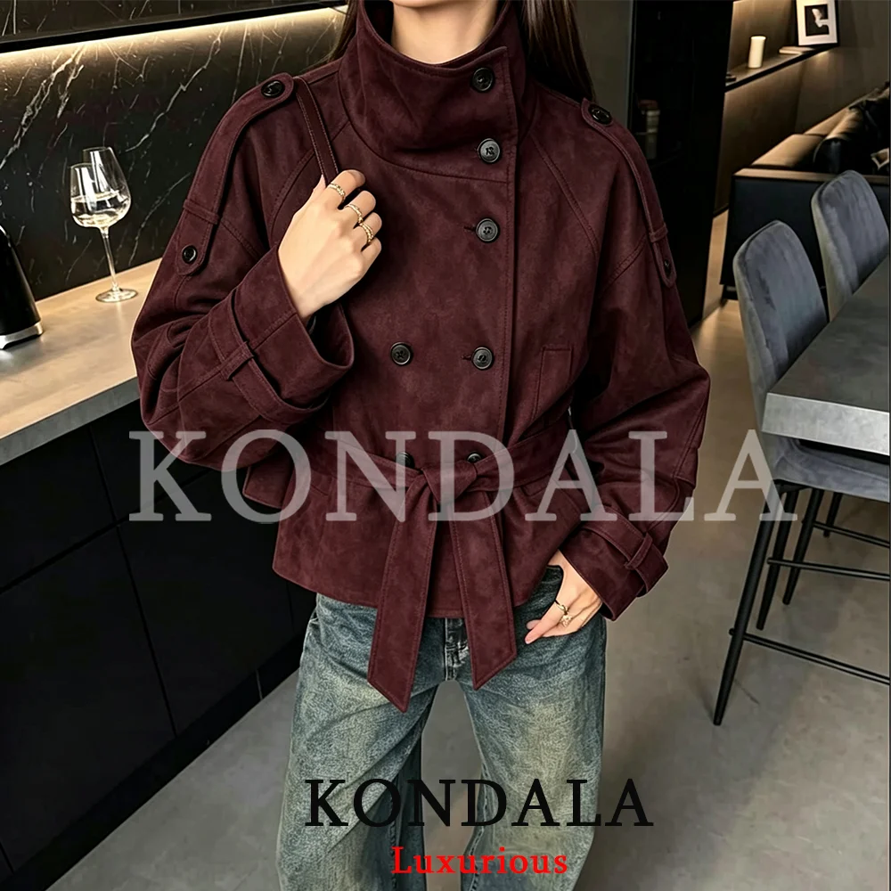KONDALA Vintage Casual Damen Wildlederjacke Rot Rollkragen Doppelreihig Gürtel Taschen Jacke Mode 2026 Herbst Winter Jacke