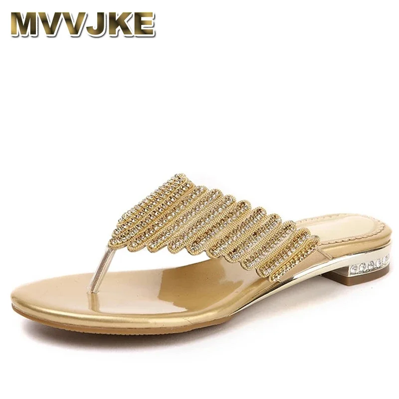 MVVJKE Women Summer Fashion Rhinestone Slipper Sexy Hollow Out Low High Heels Sandals High Quality Party Shoes Woman Flip Flops